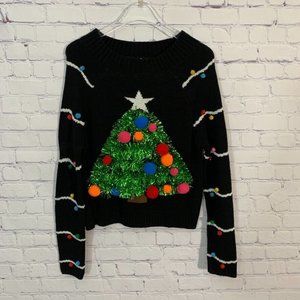 Dillards Tinsel Christmas Tree Pom Pom Sweater Cropped Mock Neck Size Small NWT